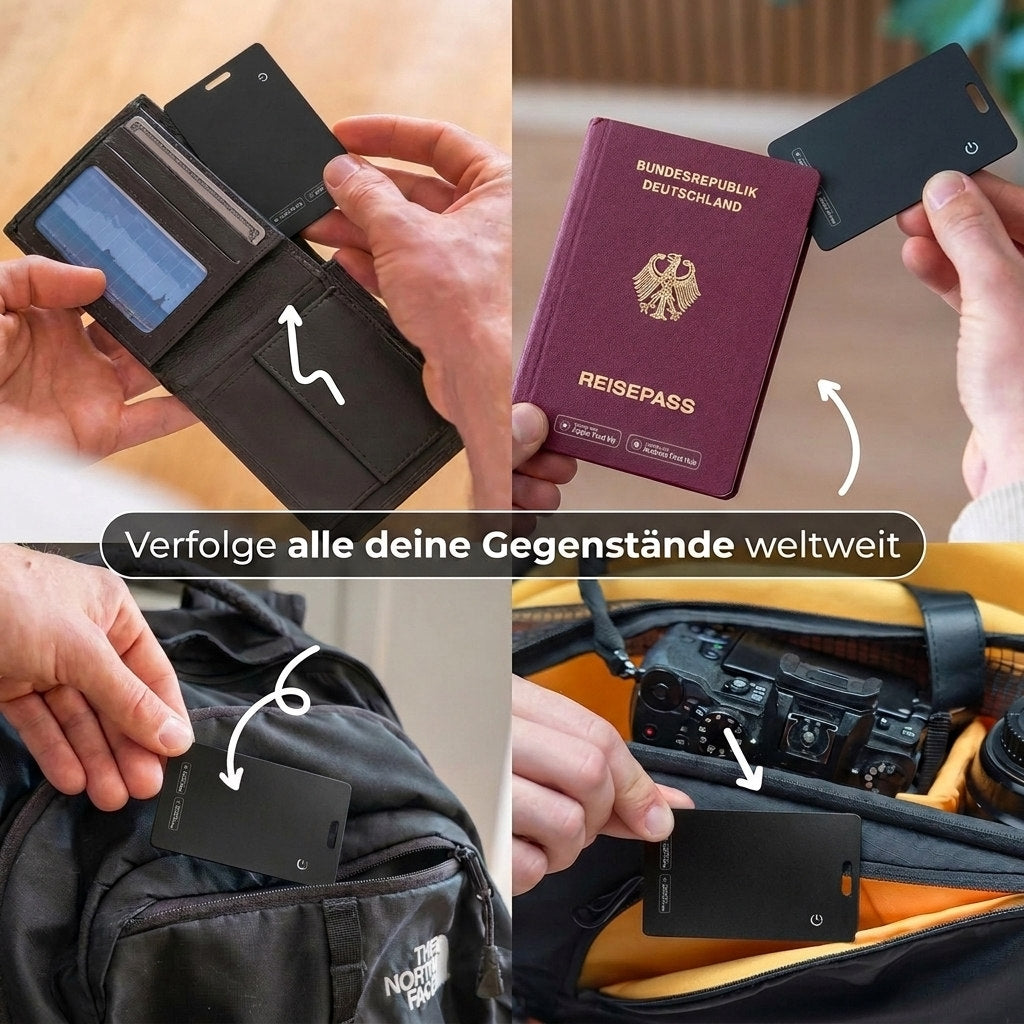 Verfolge Geldbörse, Reisepass, Tasche und Gepäck